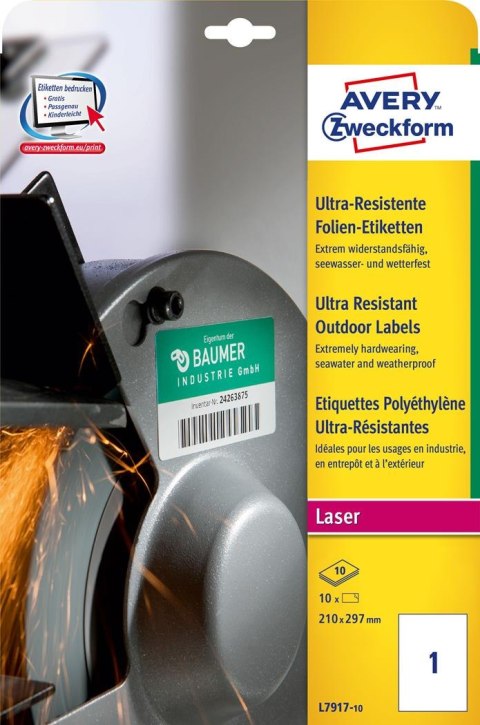 Etykiety Ultra Resistant L7917-10 210x297 10 ark polietylenowe, Avery Zweckform