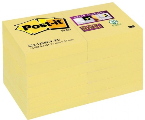 Bloczek samoprzylepny POST-IT_ Super Sticky (622-12SSCY-EU), 46,7x46,7 mm, 12x90 kart., żółty