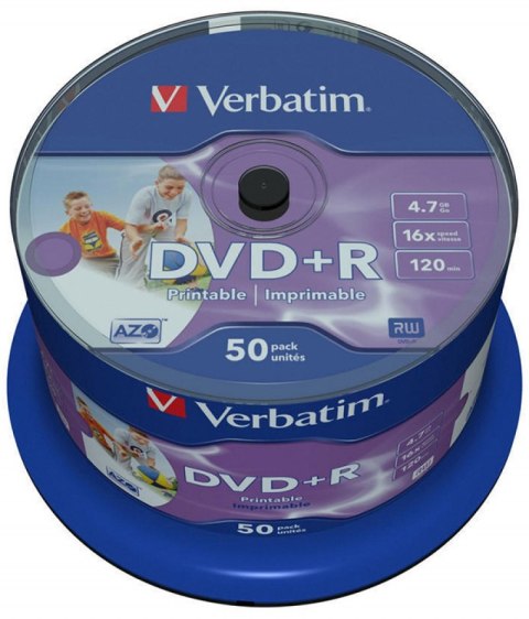 Płyta DVD+R VERBATIM 43512 16x 4,7GB (50) cake AZO Wide Inkjet Printable