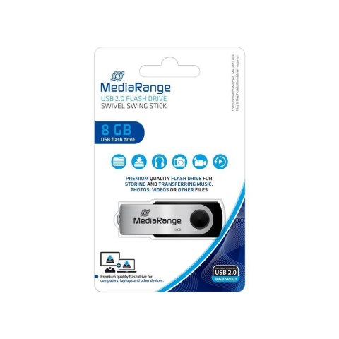 Pamięć Pendrive MediaRange 8GB USB 2.0, obracany, srebrno-czarny, MR908