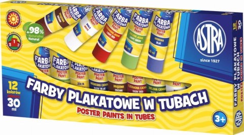 Farby plakatowe Astra 12 kolorów - tuba 30 ml, 83110901