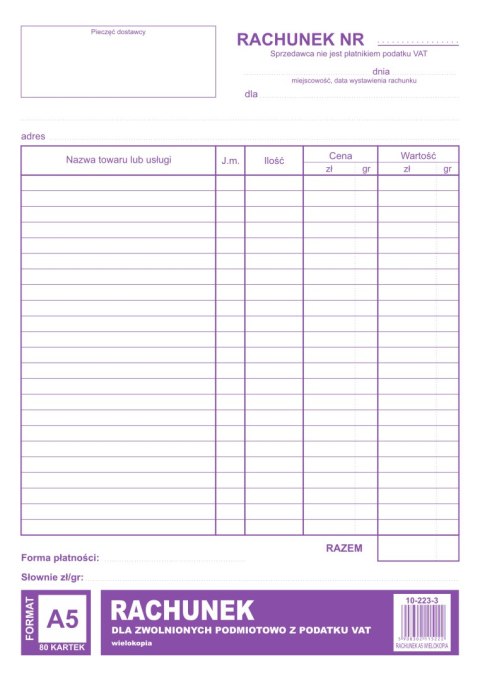 Rachunek dla zwolnionych podmiotowo z VAT A5, 80 kartek wielokopia, 10-223-3 DOTTS