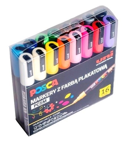 Markery z tuszem pigmentowym PC-5M, komplet 16 sztuk POSCA UNPC5M/16C