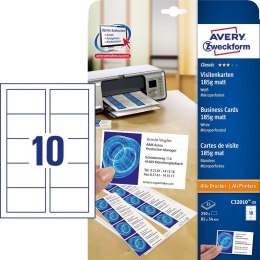 Wizytówki do druku z mikroperforacją, 85 x 54 mm, 250 szt., 200 g, matowe, białe, Avery C32010-25