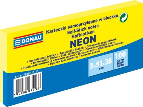 Bloczek samoprzylepny DONAU 38x51mm, 3x100 kart. neon żółty 7585011-11