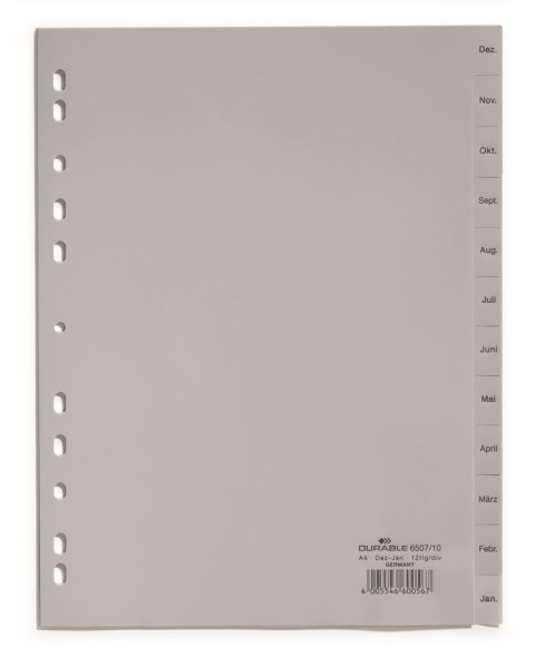 Przekładki PP A4 szare, nadr. indeks, 1-12, 1 2 części Szary 650710 DURABLE