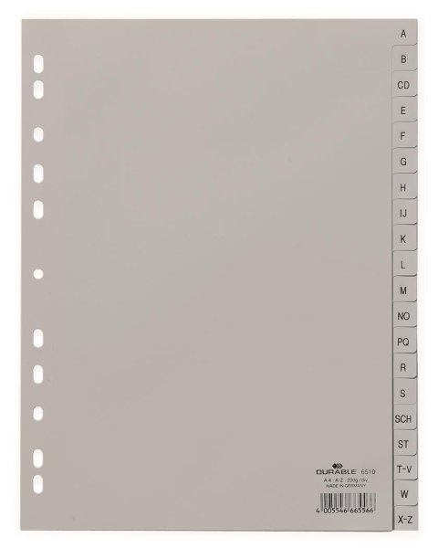 Przekładki PP A4 szare, nadr. indeks, A-Z, 20 części Szary 651010 DURABLE
